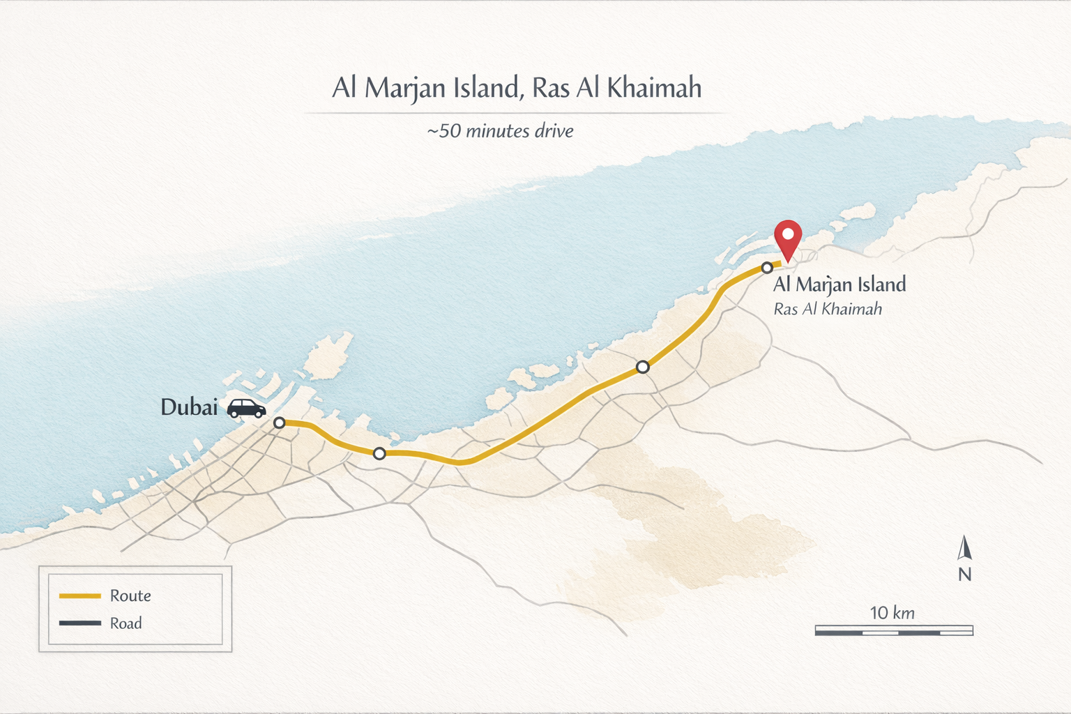 Route map from Dubai to Al Marjan Island Ras Al Khaimah - approximately 50 minutes drive
